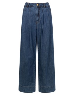 Pleat Waist Wide Leg Jeans Blue